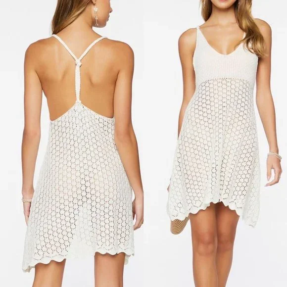 white christmas dresses Crochet Crossed Swim Cover-Up Mini Dress